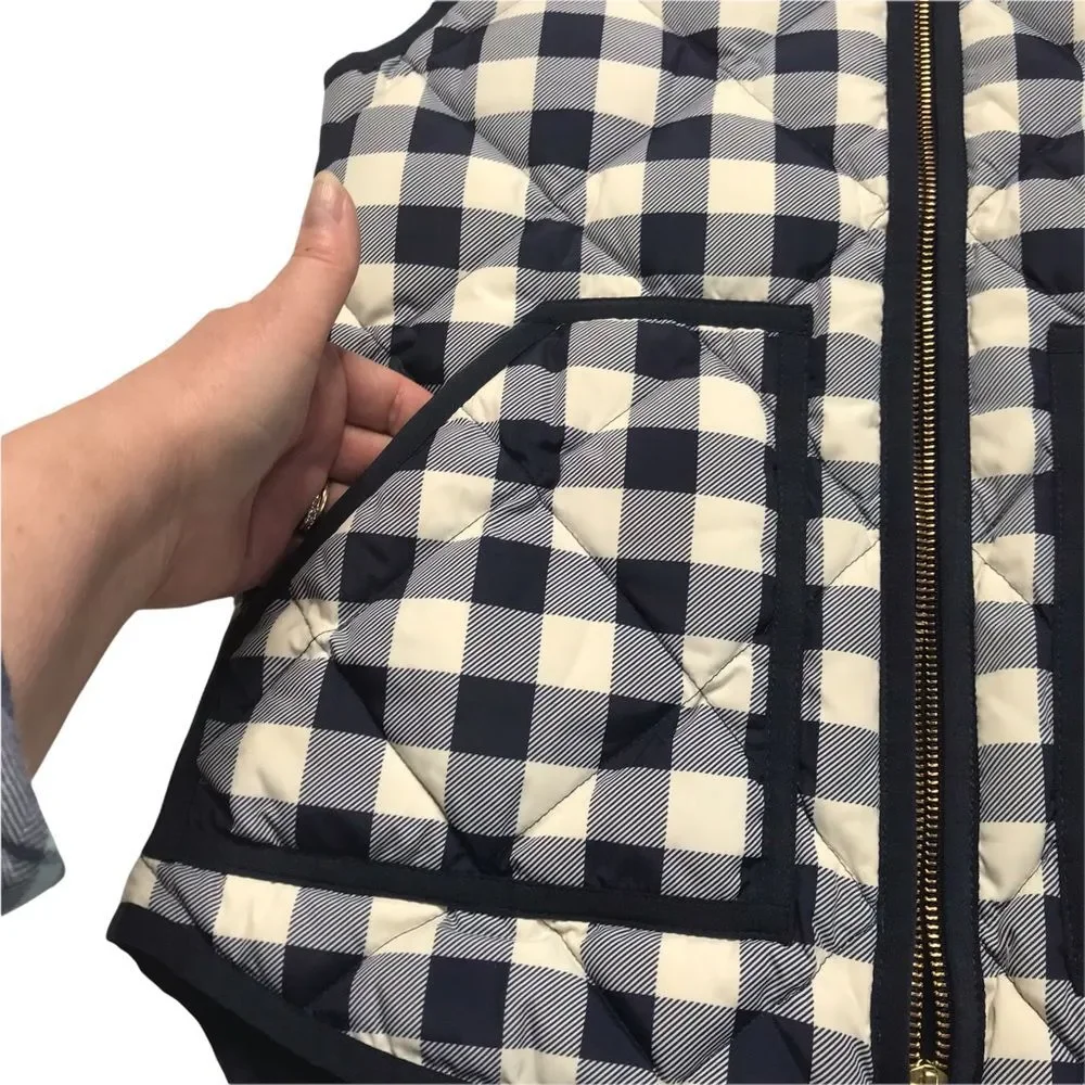 J. Crew Buffalo Check Cream and Navy Double Zip Down Filled Puffer Vest Sz XXS